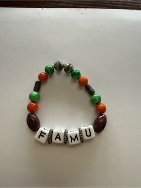 Beaded 'FAMU' Letter Bracelet in Green & Orange